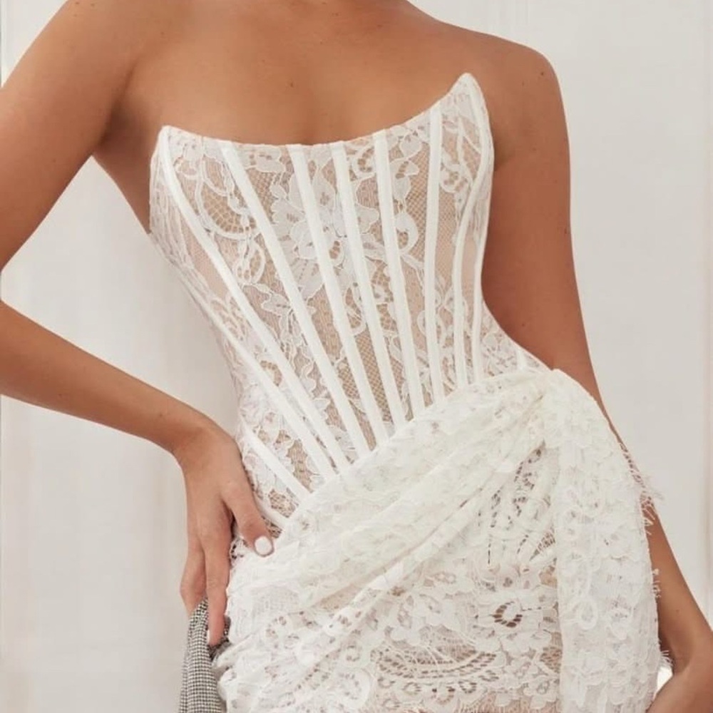 Cream Strapless Gown with Lace Overlay